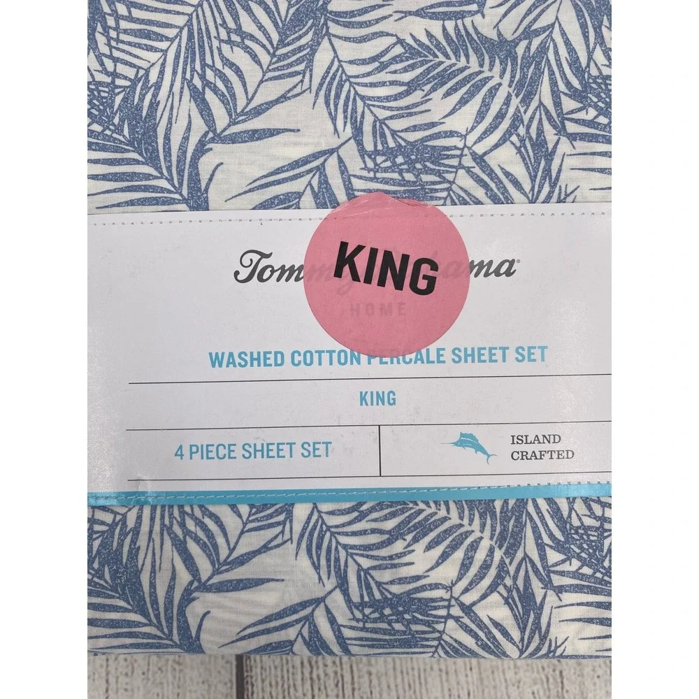 Tommy Bahama Sheet Set KING Blue Washed 100% Cotton Percale Tropical Palm Leaf